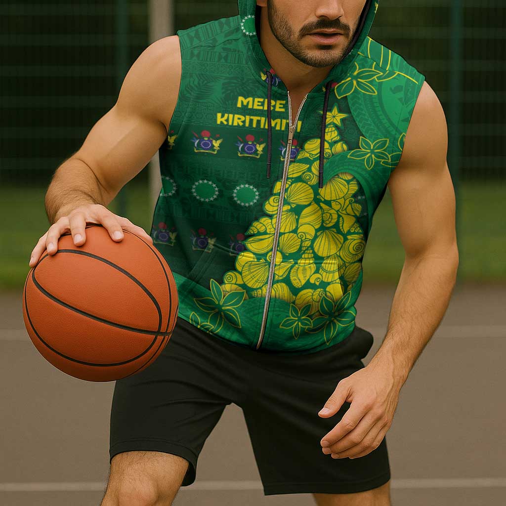 Cook Islands Christmas Sleeveless Zip Hoodie Seashell Xmas Tree Tribal Waves - Polynesian Pride