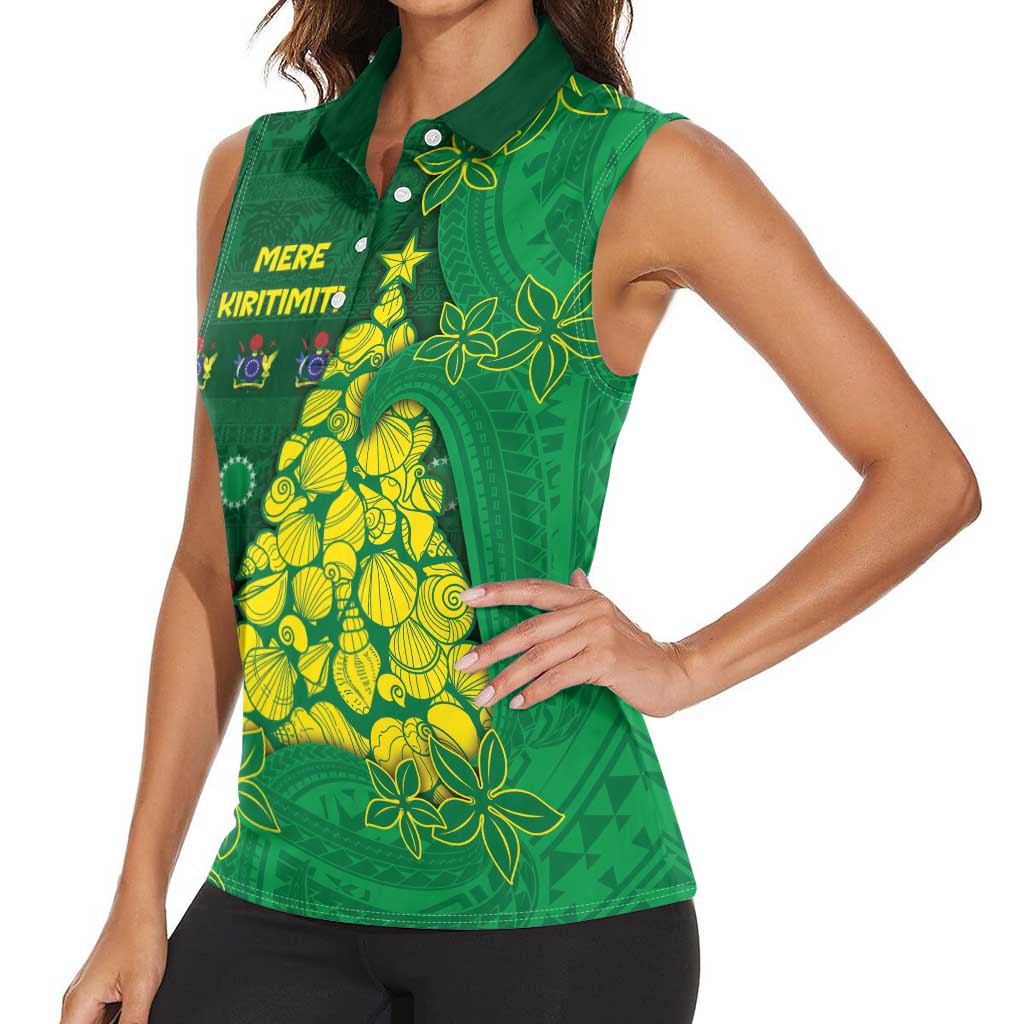 Cook Islands Christmas Women Sleeveless Polo Shirt Seashell Xmas Tree Tribal Waves - Polynesian Pride