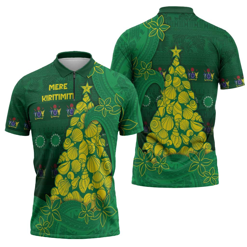 Cook Islands Christmas Zipper Polo Shirt Seashell Xmas Tree Tribal Waves - Polynesian Pride