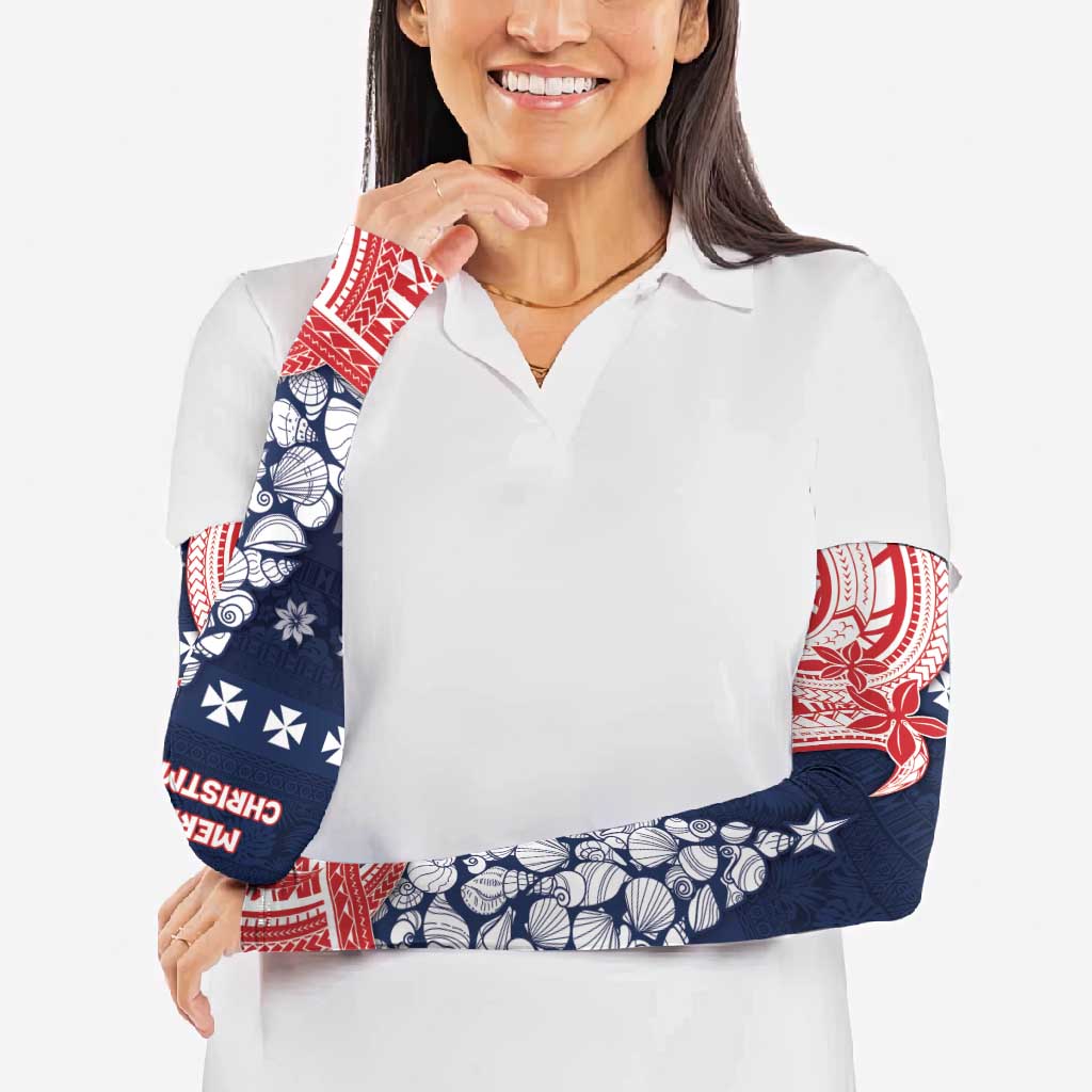 Wallis And Futuna Christmas Arm Sleeves Seashell Xmas Tree Tribal Waves - Polynesian Pride