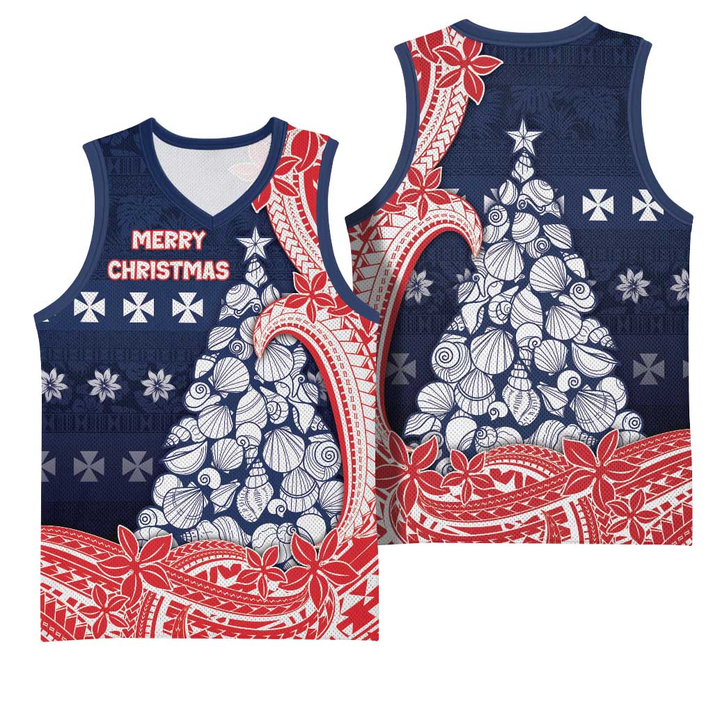 Wallis And Futuna Christmas Basketball Jersey Seashell Xmas Tree Tribal Waves - Polynesian Pride