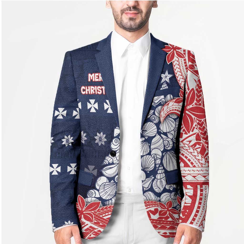 Wallis And Futuna Christmas Blazer Seashell Xmas Tree Tribal Waves - Polynesian Pride