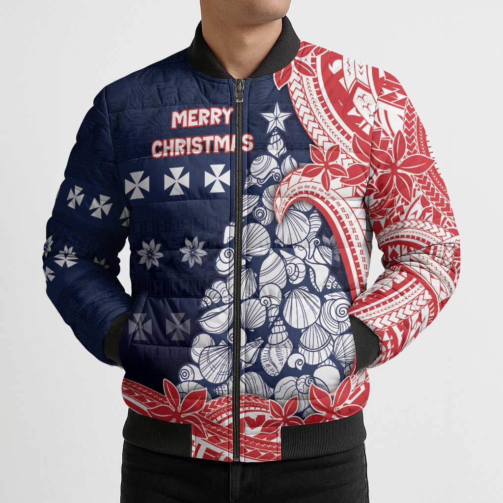 Wallis And Futuna Christmas Bomber Puffer Jacket Seashell Xmas Tree Tribal Waves - Polynesian Pride