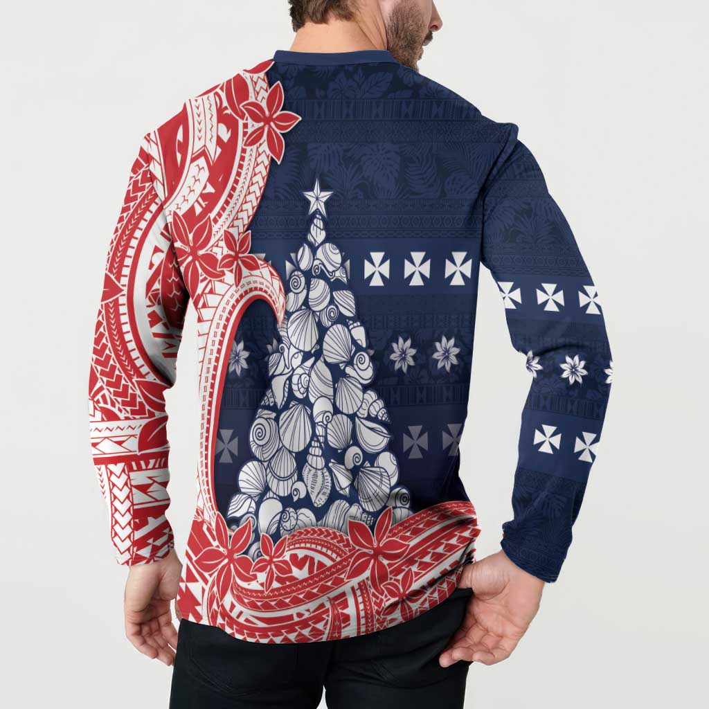 Wallis And Futuna Christmas Button Sweatshirt Seashell Xmas Tree Tribal Waves - Polynesian Pride