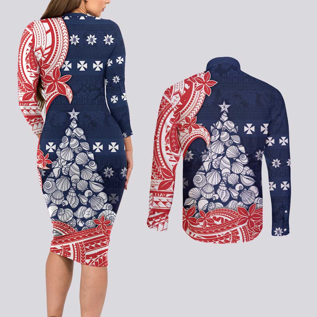 Wallis And Futuna Christmas Couples Matching Long Sleeve Bodycon Dress and Long Sleeve Button Shirt Seashell Xmas Tree Tribal Waves - Polynesian Pride