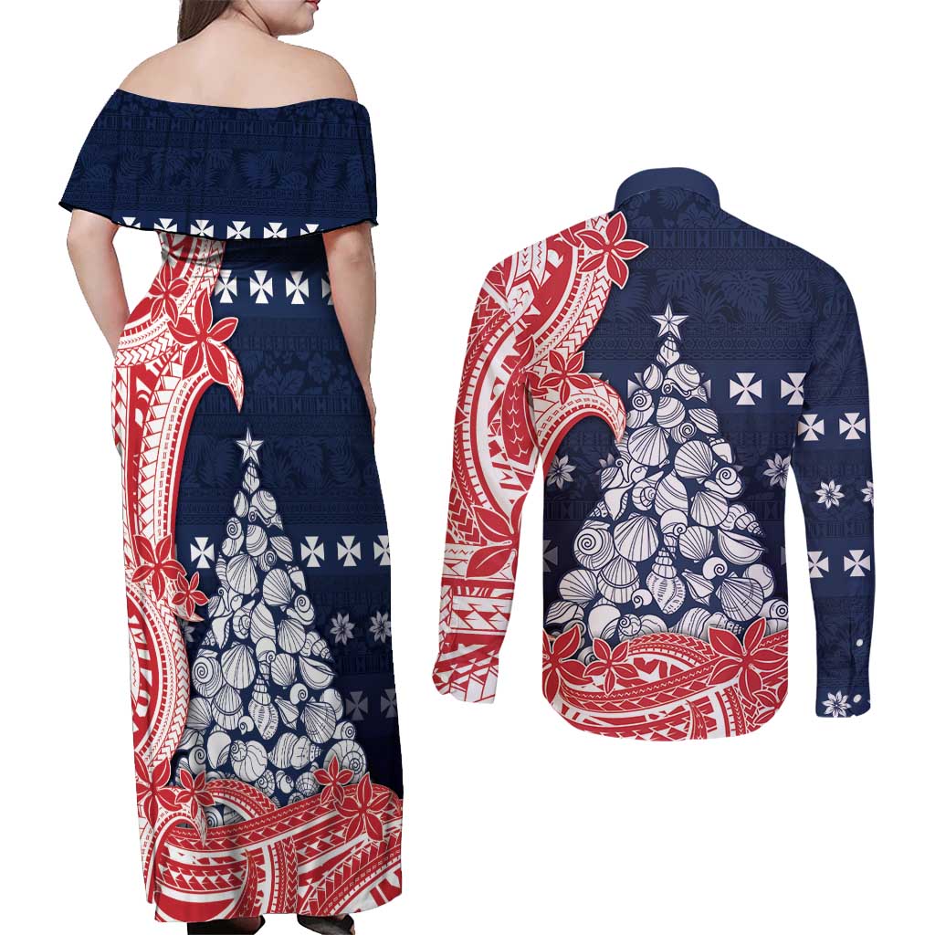 Wallis And Futuna Christmas Couples Matching Off Shoulder Maxi Dress and Long Sleeve Button Shirt Seashell Xmas Tree Tribal Waves - Polynesian Pride