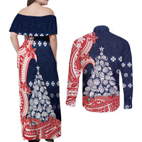 Wallis And Futuna Christmas Couples Matching Off Shoulder Maxi Dress and Long Sleeve Button Shirt Seashell Xmas Tree Tribal Waves - Polynesian Pride