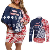 Wallis And Futuna Christmas Couples Matching Off Shoulder Short Dress and Long Sleeve Button Shirt Seashell Xmas Tree Tribal Waves - Polynesian Pride