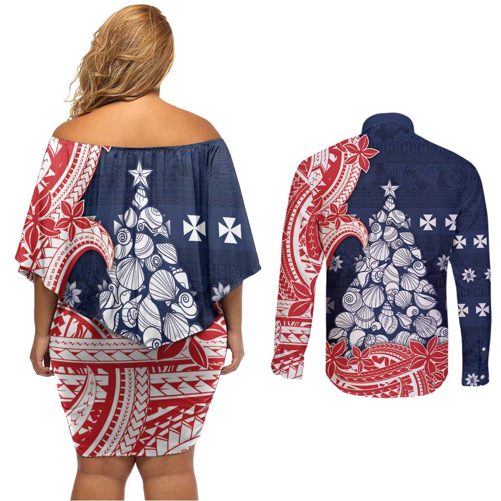 Wallis And Futuna Christmas Couples Matching Off Shoulder Short Dress and Long Sleeve Button Shirt Seashell Xmas Tree Tribal Waves - Polynesian Pride