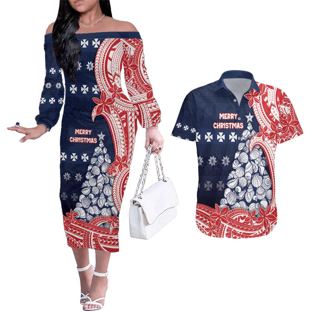 Wallis And Futuna Christmas Couples Matching Off The Shoulder Long Sleeve Dress and Hawaiian Shirt Seashell Xmas Tree Tribal Waves - Polynesian Pride