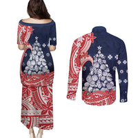 Wallis And Futuna Christmas Couples Matching Puletasi and Long Sleeve Button Shirt Seashell Xmas Tree Tribal Waves - Polynesian Pride