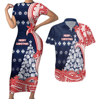 Wallis And Futuna Christmas Couples Matching Short Sleeve Bodycon Dress and Hawaiian Shirt Seashell Xmas Tree Tribal Waves - Polynesian Pride