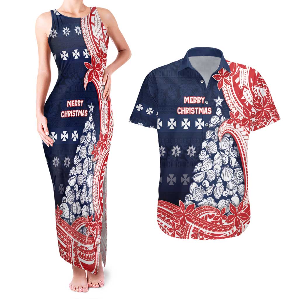 Wallis And Futuna Christmas Couples Matching Tank Maxi Dress and Hawaiian Shirt Seashell Xmas Tree Tribal Waves - Polynesian Pride