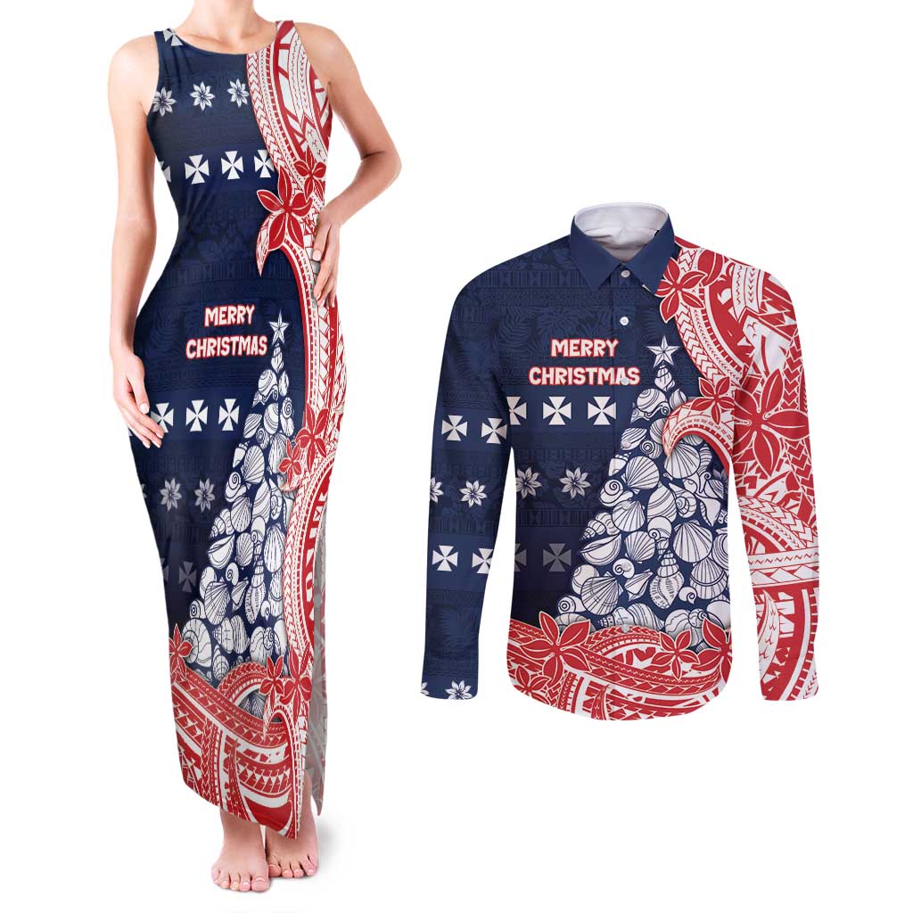 Wallis And Futuna Christmas Couples Matching Tank Maxi Dress and Long Sleeve Button Shirt Seashell Xmas Tree Tribal Waves - Polynesian Pride