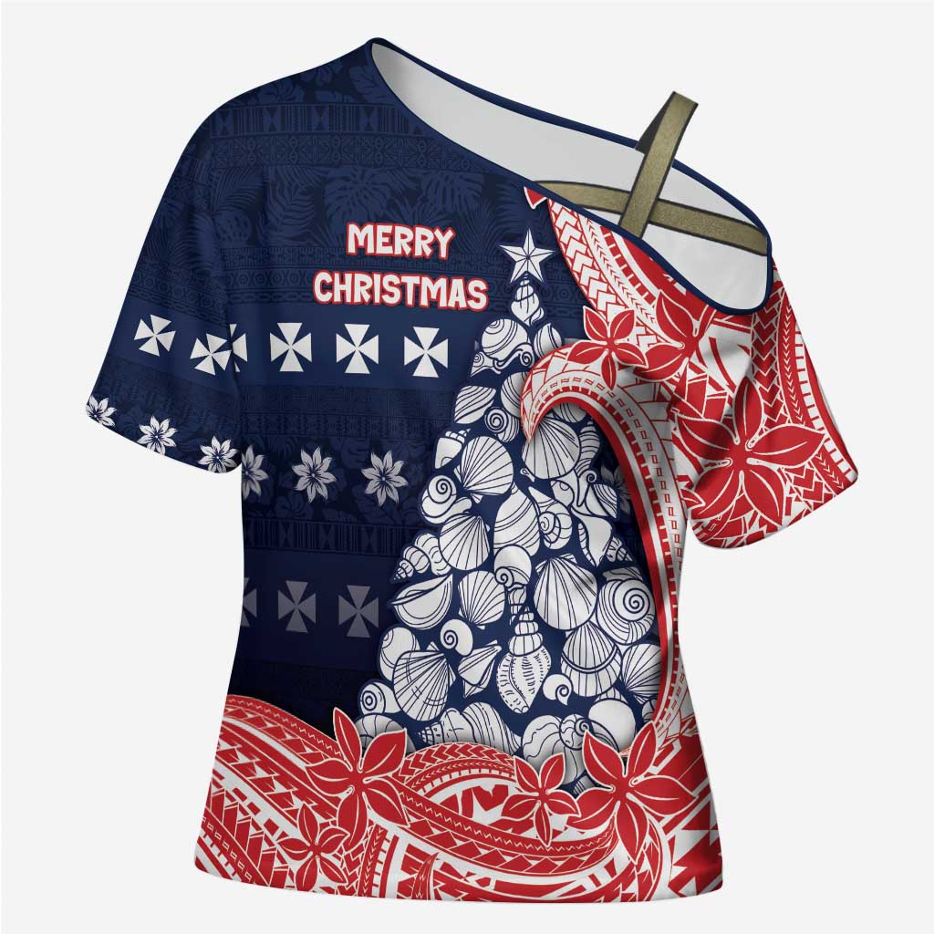 Wallis And Futuna Christmas Cross Shoulder Shirt Seashell Xmas Tree Tribal Waves - Polynesian Pride