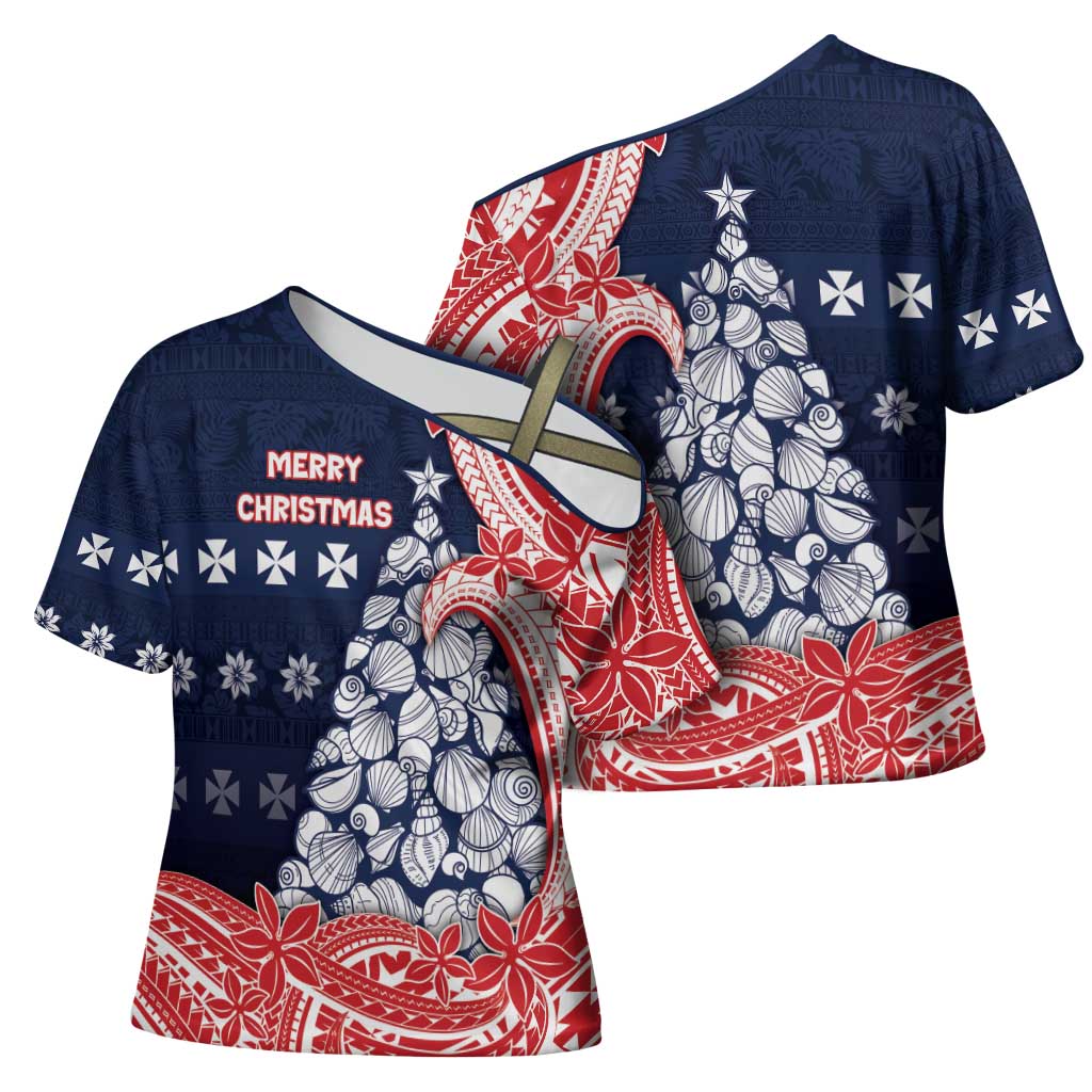 Wallis And Futuna Christmas Cross Shoulder Shirt Seashell Xmas Tree Tribal Waves - Polynesian Pride