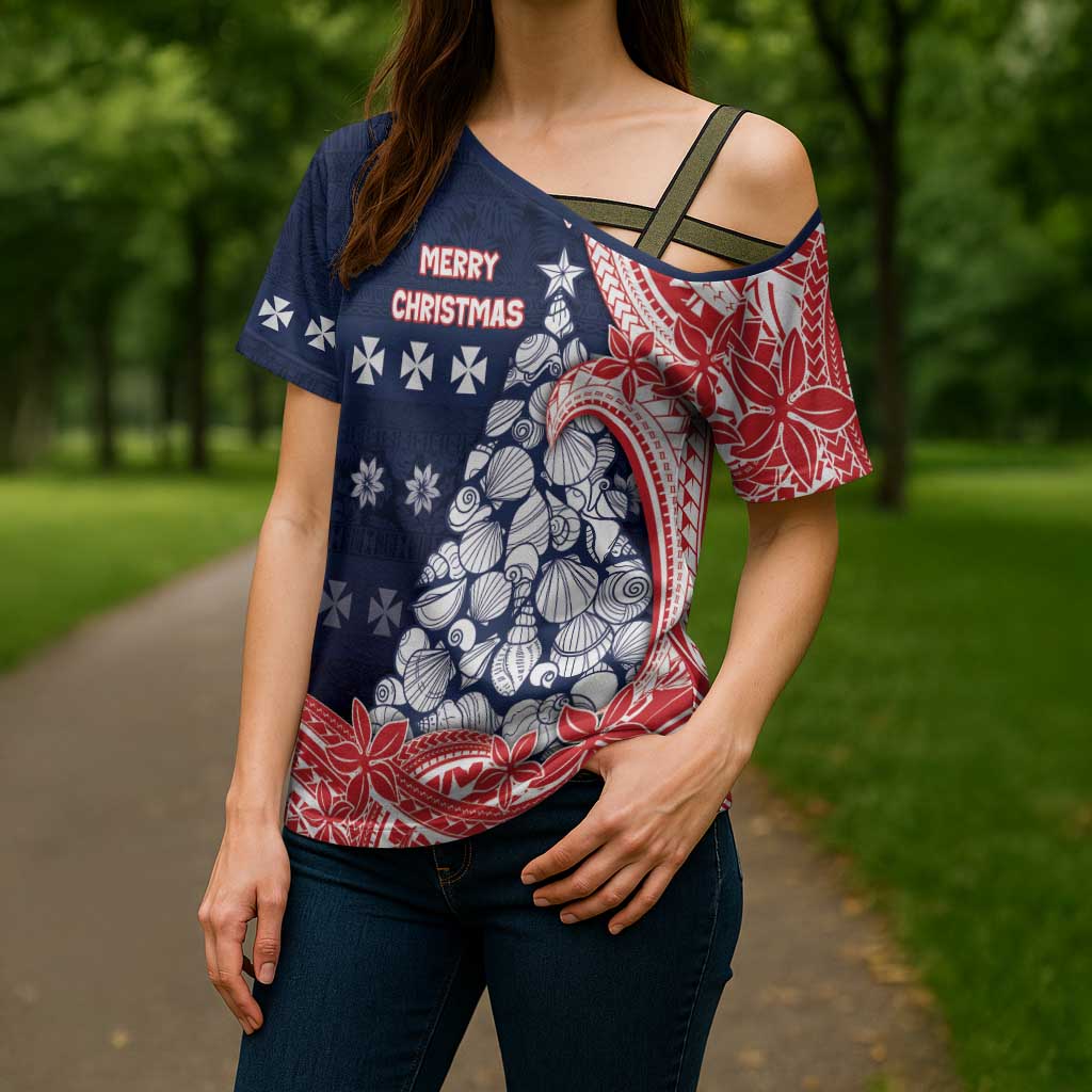 Wallis And Futuna Christmas Cross Shoulder Shirt Seashell Xmas Tree Tribal Waves - Polynesian Pride