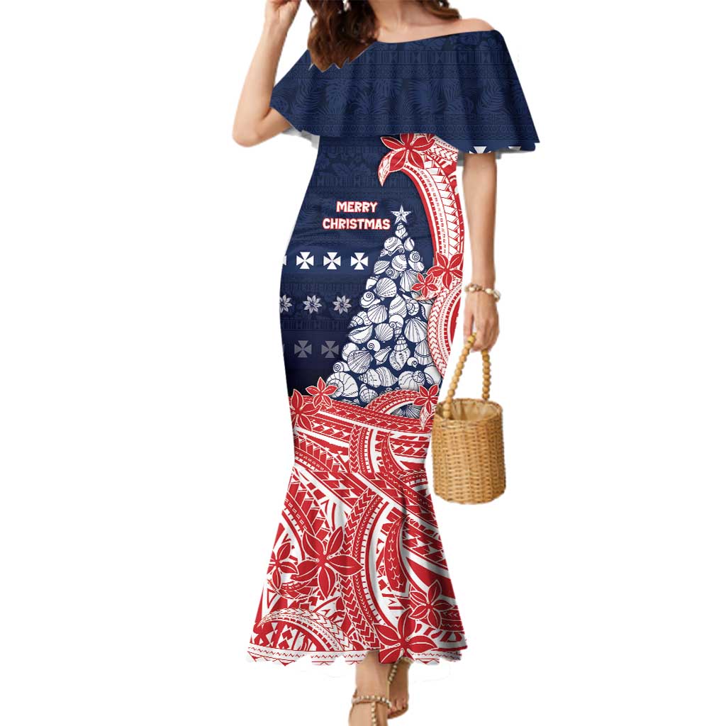Wallis And Futuna Christmas Family Matching Mermaid Dress and Hawaiian Shirt Seashell Xmas Tree Tribal Waves - Polynesian Pride