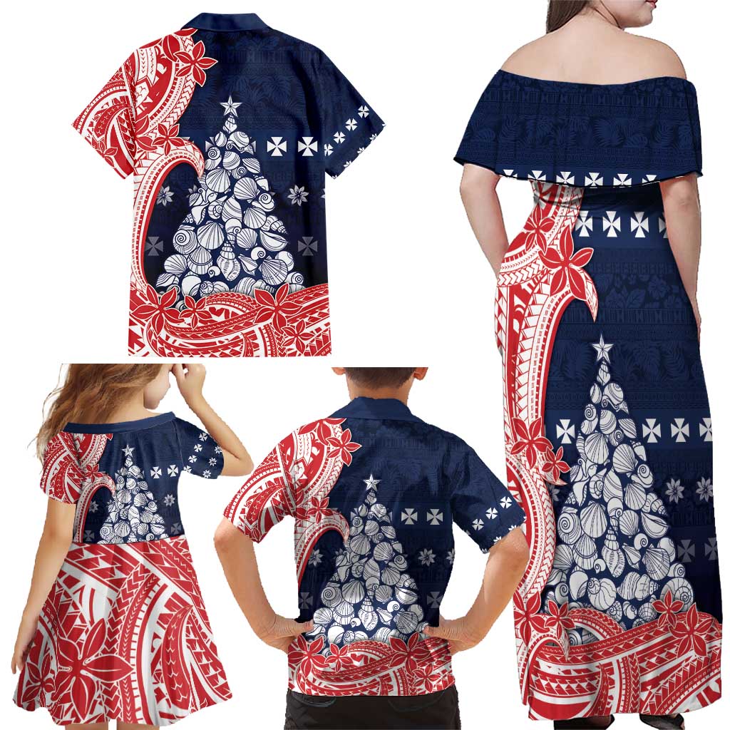 Wallis And Futuna Christmas Family Matching Off Shoulder Maxi Dress and Hawaiian Shirt Seashell Xmas Tree Tribal Waves - Polynesian Pride