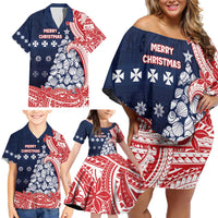 Wallis And Futuna Christmas Family Matching Off Shoulder Short Dress and Hawaiian Shirt Seashell Xmas Tree Tribal Waves - Polynesian Pride