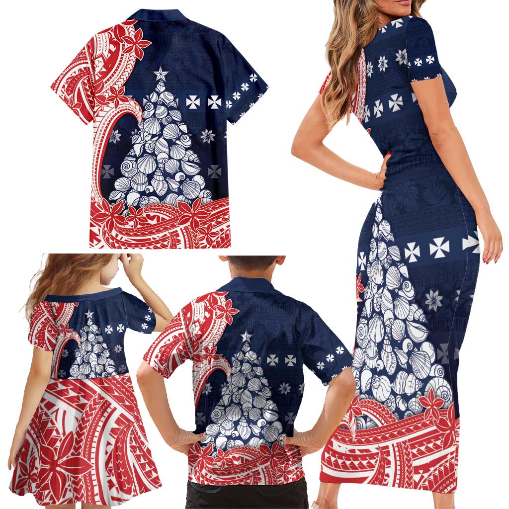 Wallis And Futuna Christmas Family Matching Short Sleeve Bodycon Dress and Hawaiian Shirt Seashell Xmas Tree Tribal Waves - Polynesian Pride