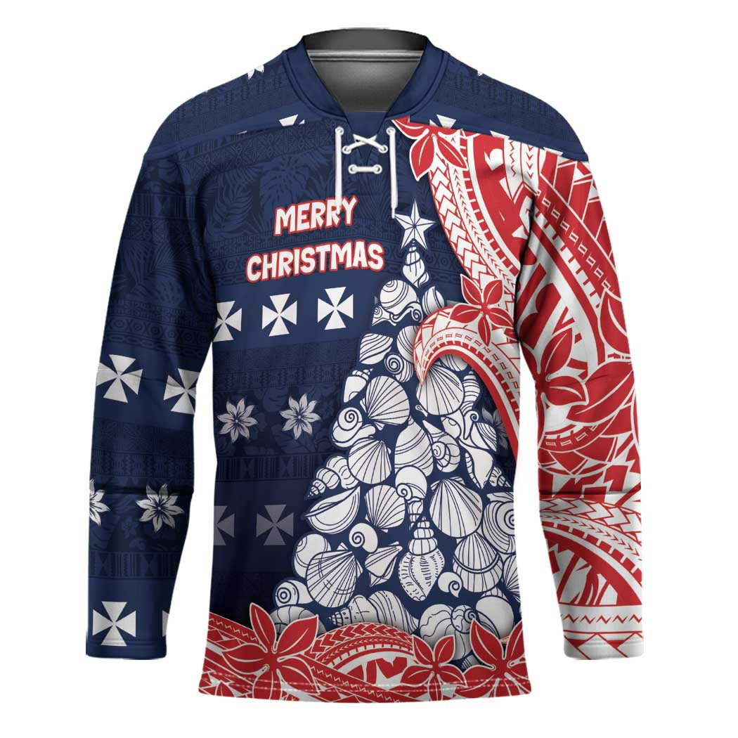 Wallis And Futuna Christmas Hockey Jersey Seashell Xmas Tree Tribal Waves - Polynesian Pride