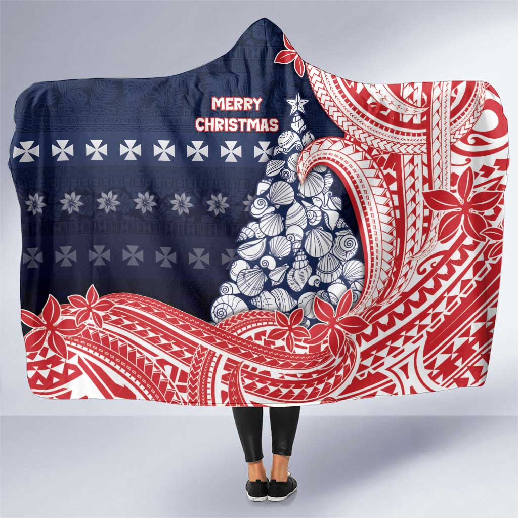 Wallis And Futuna Christmas Hooded Blanket Seashell Xmas Tree Tribal Waves - Polynesian Pride