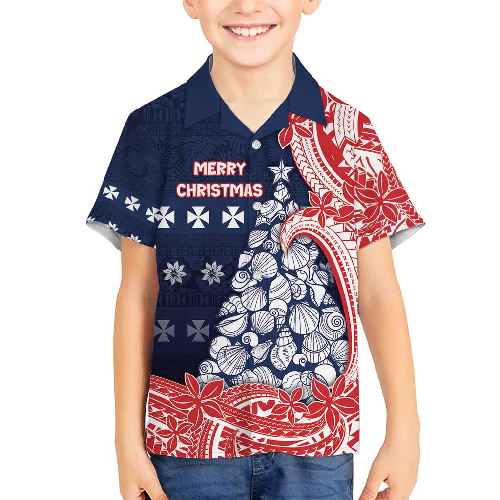 Wallis And Futuna Christmas Kid Hawaiian Shirt Seashell Xmas Tree Tribal Waves - Polynesian Pride