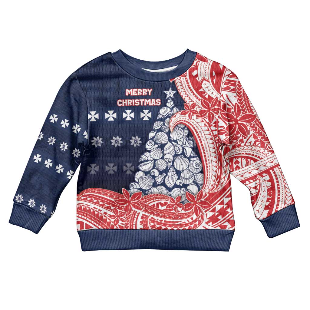 Wallis And Futuna Christmas Kid Ugly Christmas Sweater Seashell Xmas Tree Tribal Waves - Polynesian Pride