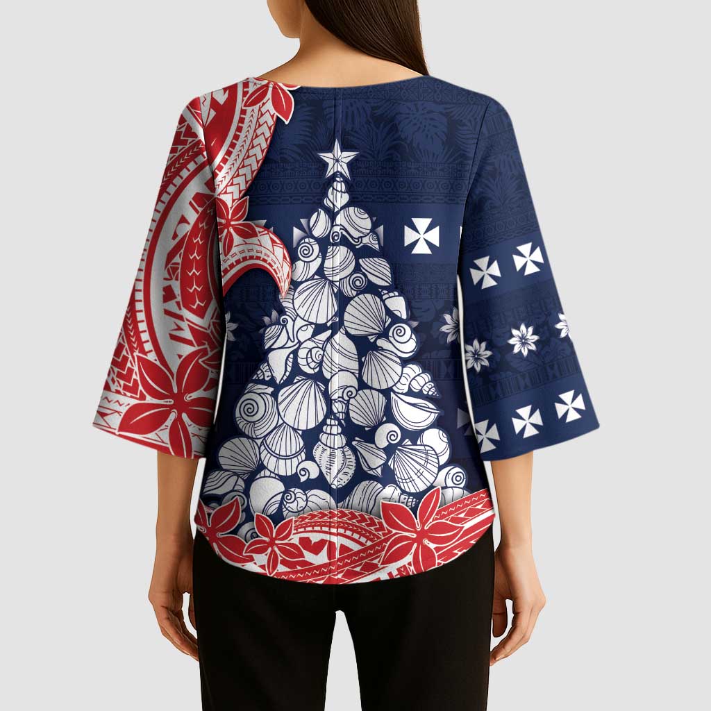 Wallis And Futuna Christmas Kimono Sleeve Blouse Seashell Xmas Tree Tribal Waves - Polynesian Pride