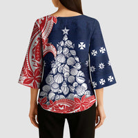 Wallis And Futuna Christmas Kimono Sleeve Blouse Seashell Xmas Tree Tribal Waves - Polynesian Pride