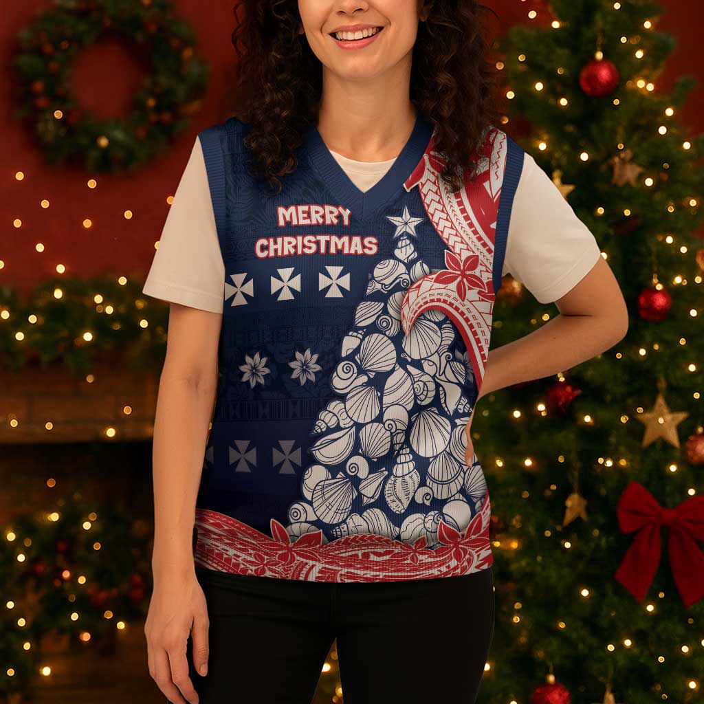 Wallis And Futuna Christmas Knitted V-Neck Vest Seashell Xmas Tree Tribal Waves - Polynesian Pride