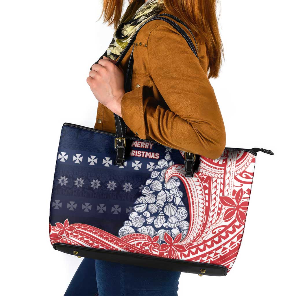 Wallis And Futuna Christmas Leather Tote Bag Seashell Xmas Tree Tribal Waves - Polynesian Pride