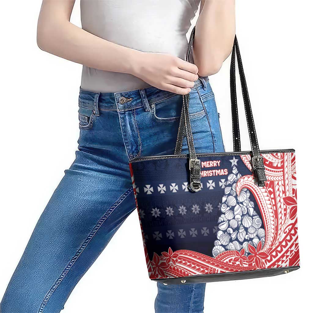 Wallis And Futuna Christmas Leather Tote Bag Seashell Xmas Tree Tribal Waves - Polynesian Pride