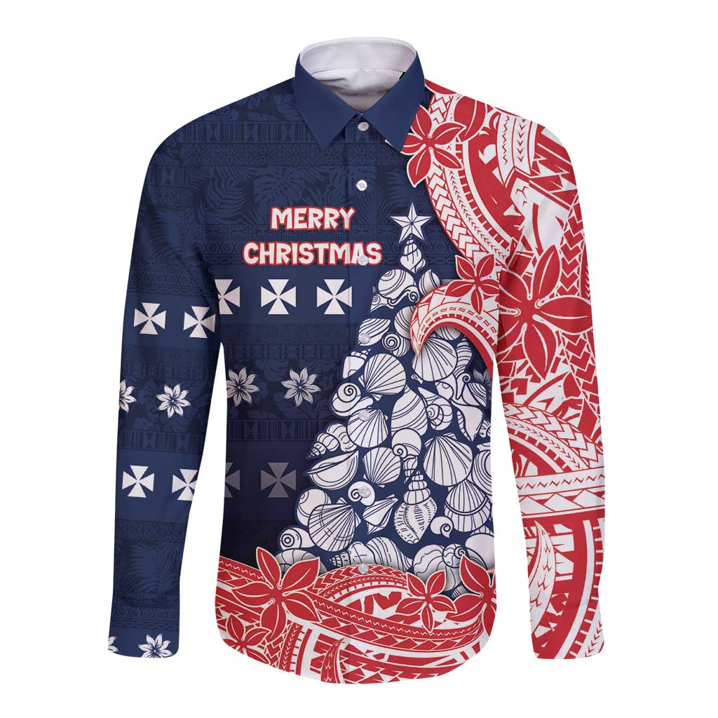 Wallis And Futuna Christmas Long Sleeve Button Shirt Seashell Xmas Tree Tribal Waves - Polynesian Pride