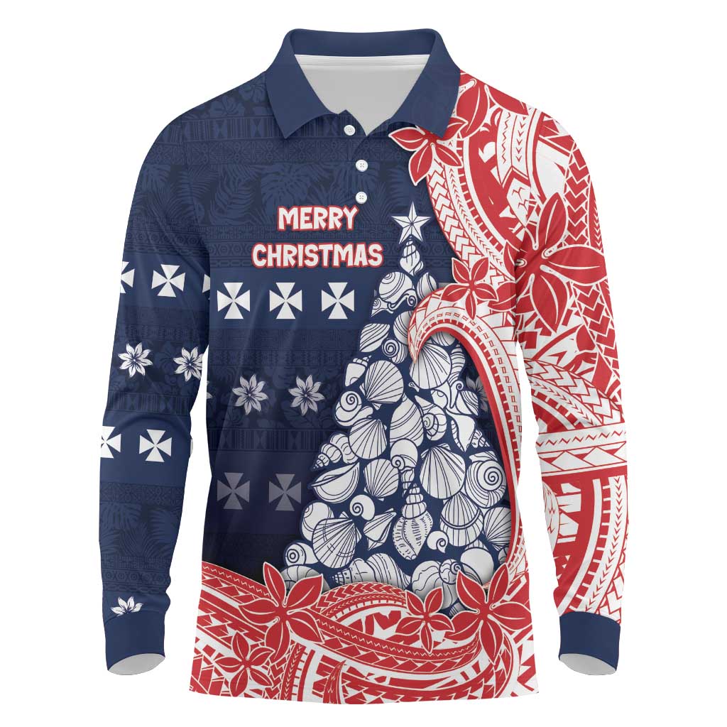Wallis And Futuna Christmas Long Sleeve Polo Shirt Seashell Xmas Tree Tribal Waves - Polynesian Pride