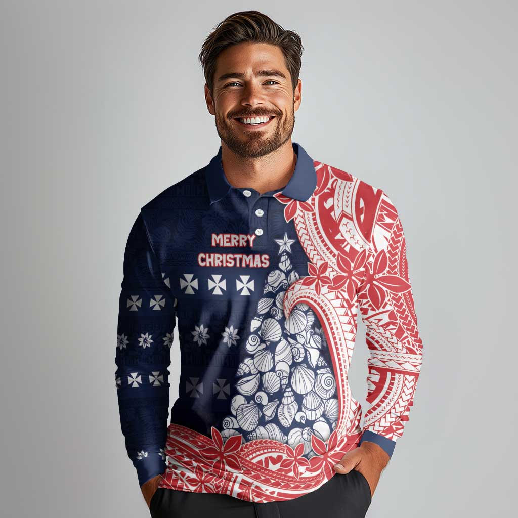 Wallis And Futuna Christmas Long Sleeve Polo Shirt Seashell Xmas Tree Tribal Waves - Polynesian Pride