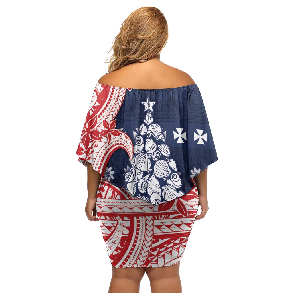 Wallis And Futuna Christmas Off Shoulder Short Dress Seashell Xmas Tree Tribal Waves - Polynesian Pride