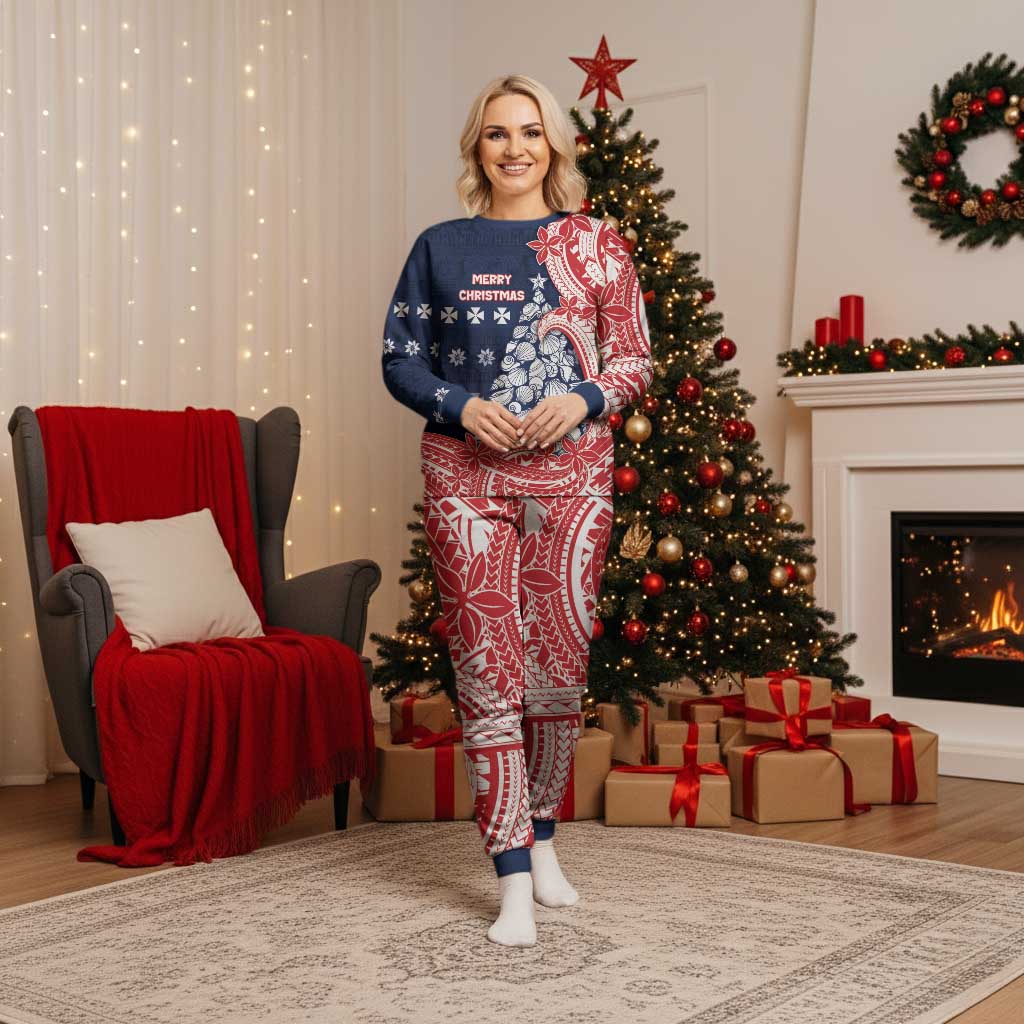 Wallis And Futuna Christmas Pajama Set Seashell Xmas Tree Tribal Waves - Polynesian Pride