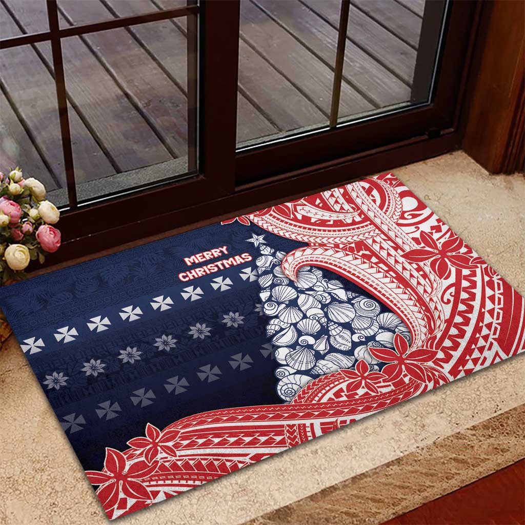 Wallis And Futuna Christmas Rubber Doormat Seashell Xmas Tree Tribal Waves - Polynesian Pride