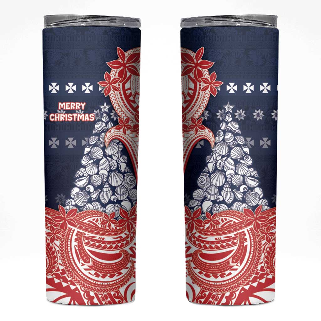 Wallis And Futuna Christmas Skinny Tumbler Seashell Xmas Tree Tribal Waves - Polynesian Pride