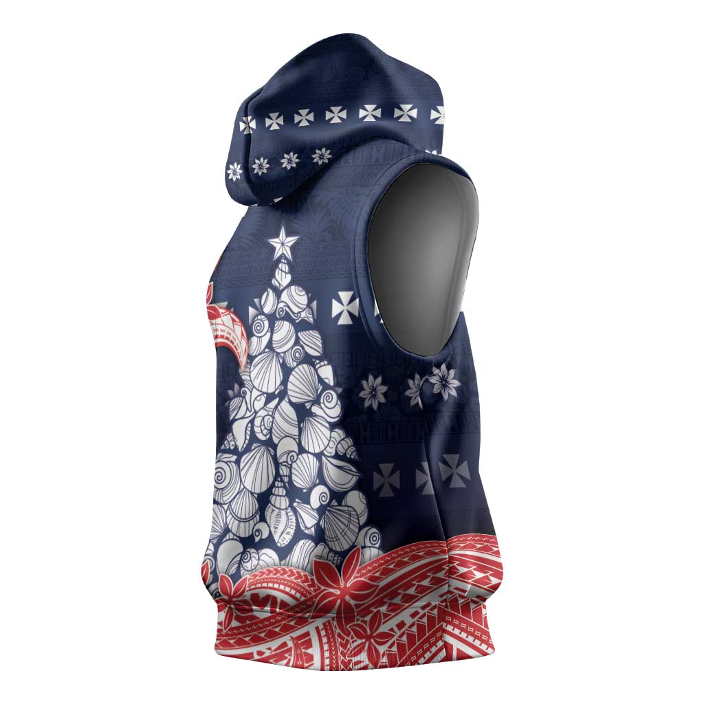 Wallis And Futuna Christmas Sleeveless Hoodie Seashell Xmas Tree Tribal Waves - Polynesian Pride