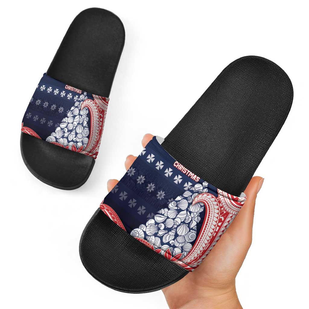 Wallis And Futuna Christmas Slide Sandals Seashell Xmas Tree Tribal Waves - Polynesian Pride