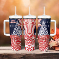 Wallis And Futuna Christmas Tumbler With Handle Seashell Xmas Tree Tribal Waves - Polynesian Pride