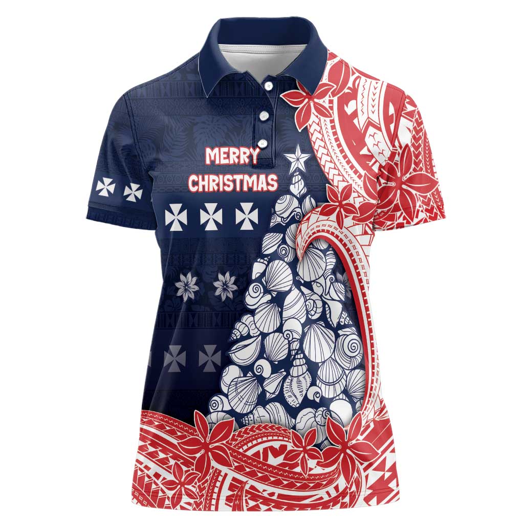 Wallis And Futuna Christmas Women Polo Shirt Seashell Xmas Tree Tribal Waves - Polynesian Pride