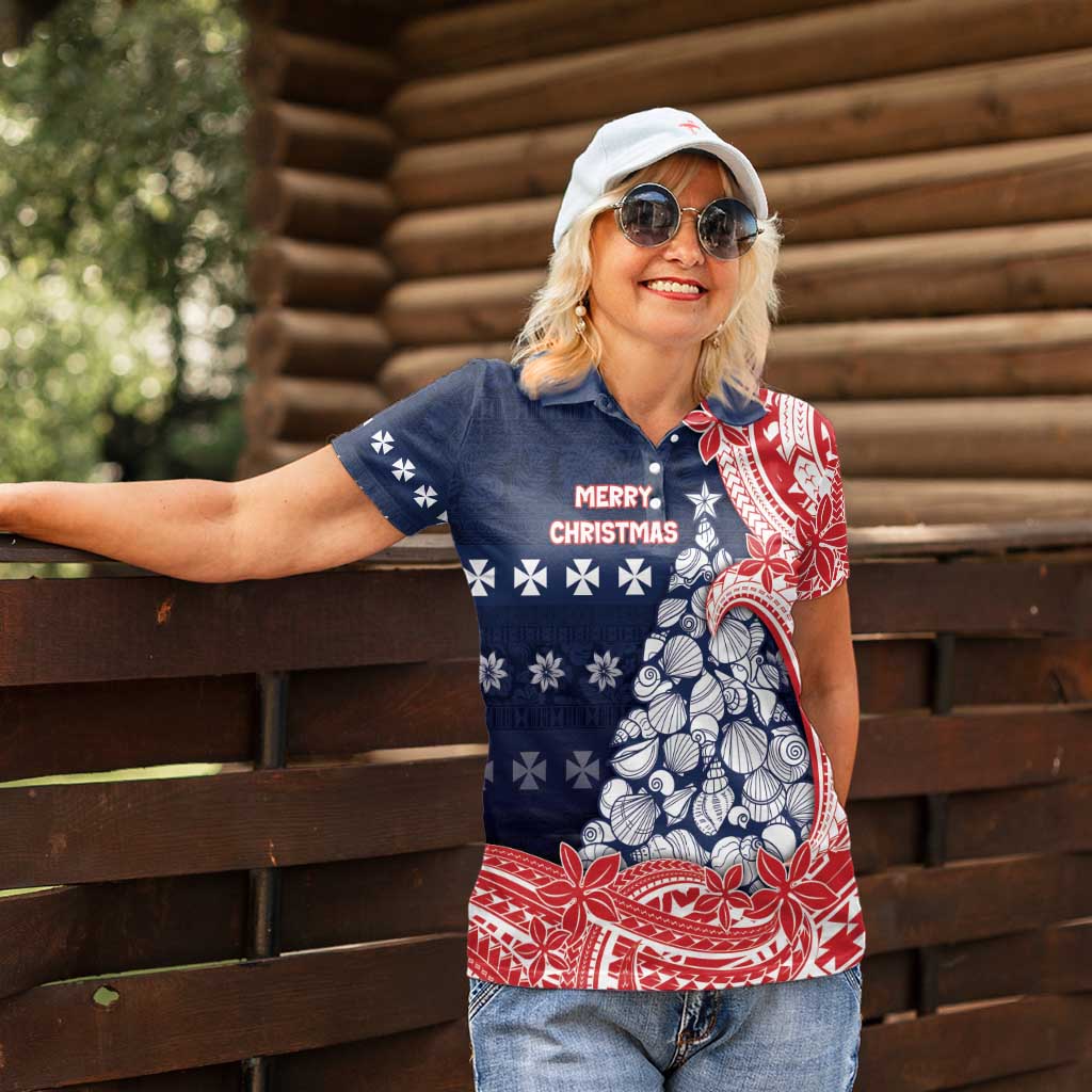 Wallis And Futuna Christmas Women Polo Shirt Seashell Xmas Tree Tribal Waves - Polynesian Pride