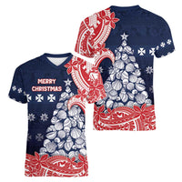 Wallis And Futuna Christmas Women V-Neck T-Shirt Seashell Xmas Tree Tribal Waves - Polynesian Pride