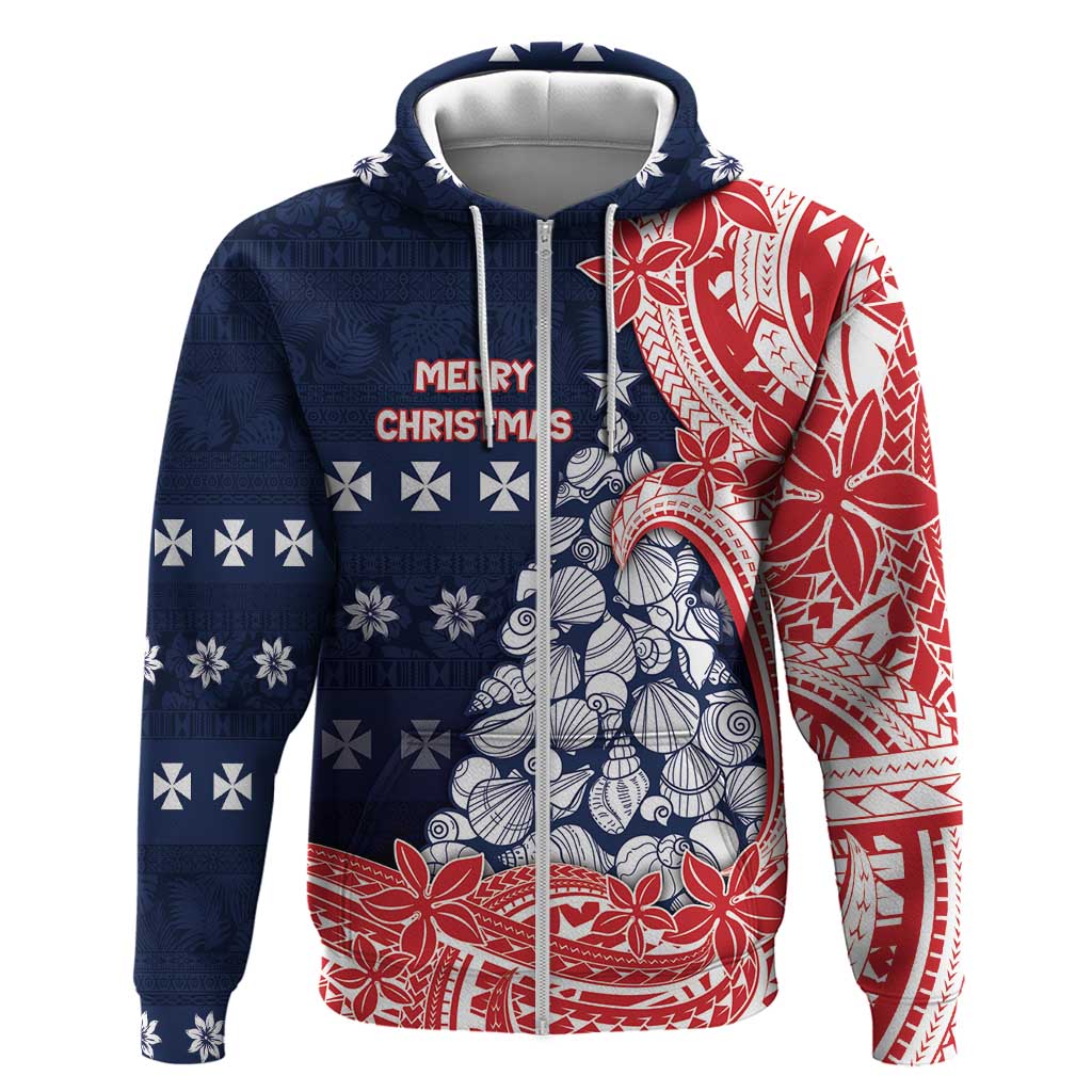 Wallis And Futuna Christmas Zip Hoodie Seashell Xmas Tree Tribal Waves - Polynesian Pride