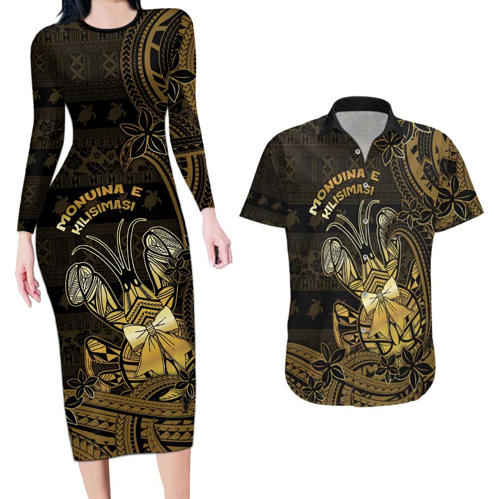 Niue Christmas Couples Matching Long Sleeve Bodycon Dress and Hawaiian Shirt Niuean Crab Xmas Tribal Waves - Polynesian Pride