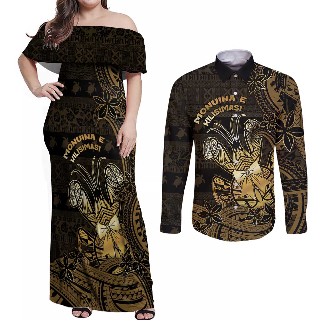 Niue Christmas Couples Matching Off Shoulder Maxi Dress and Long Sleeve Button Shirt Niuean Crab Xmas Tribal Waves - Polynesian Pride